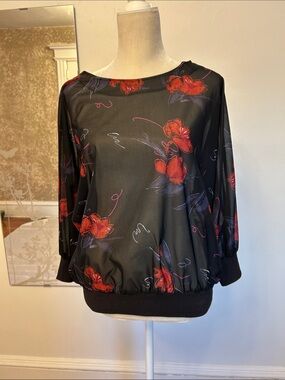 Vintage Black Floral Boatneck Blouse with Red Bloom Detail
